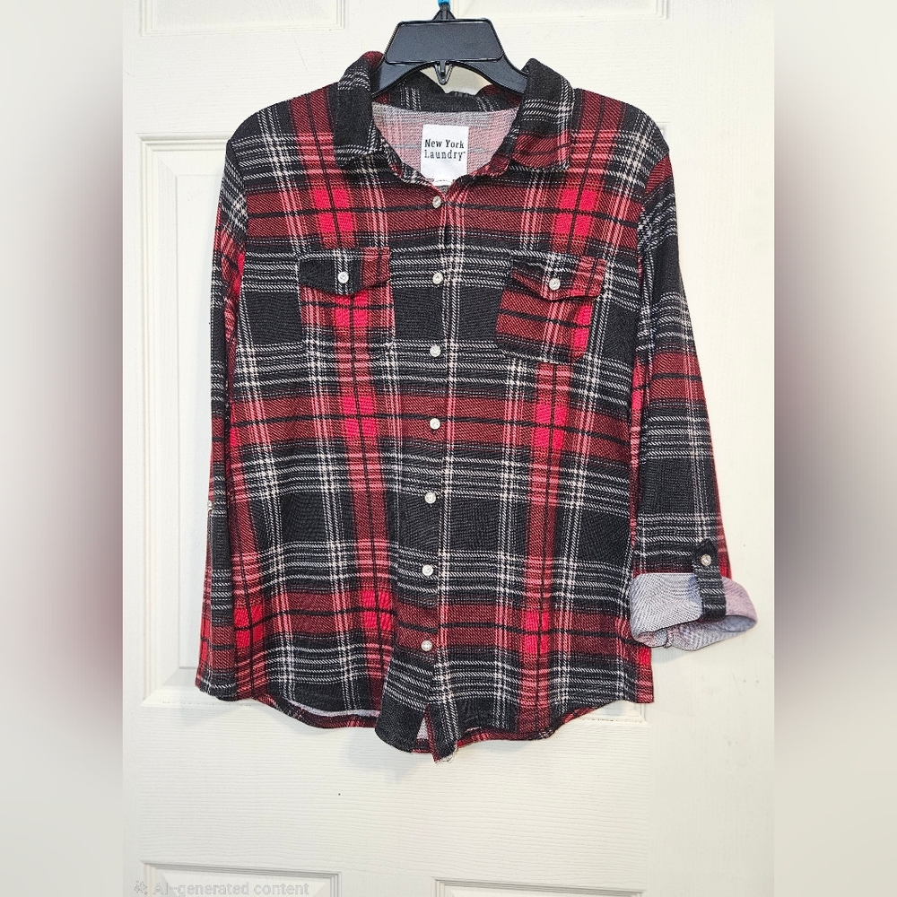 New York Laundry Black and Red Plaid Button Down Shirt